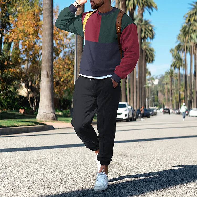 Retro Color Blocking Print Sweatshirt And Sweatpants Co-Ord - DUVAL