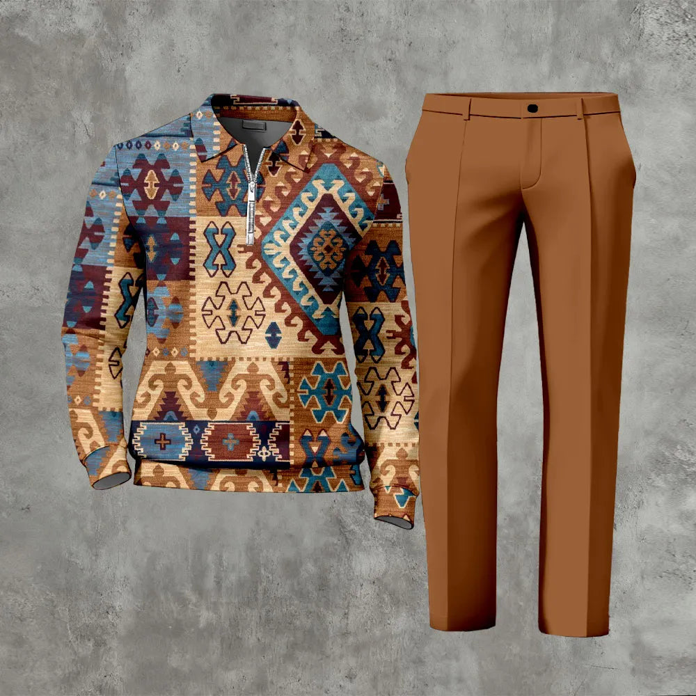 Polo-Collar Zipper Long Sleeved Trousers Two-Piece Set - DUVAL