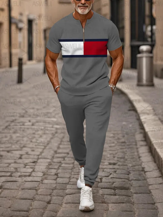 Zipper Short Sleeve Long Pants Two-Piece Set