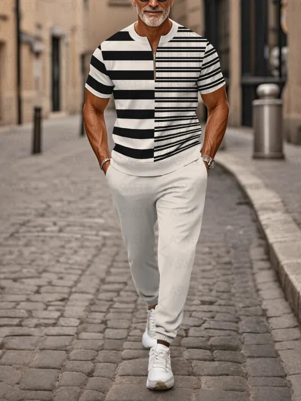 Zipper Short Sleeve Long Pants Two-Piece Set