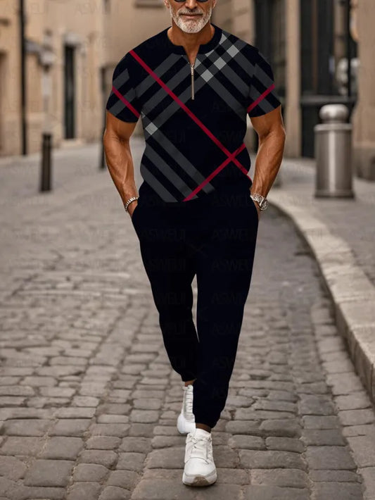 Zipper Short Sleeve Long Pants Two-Piece Set