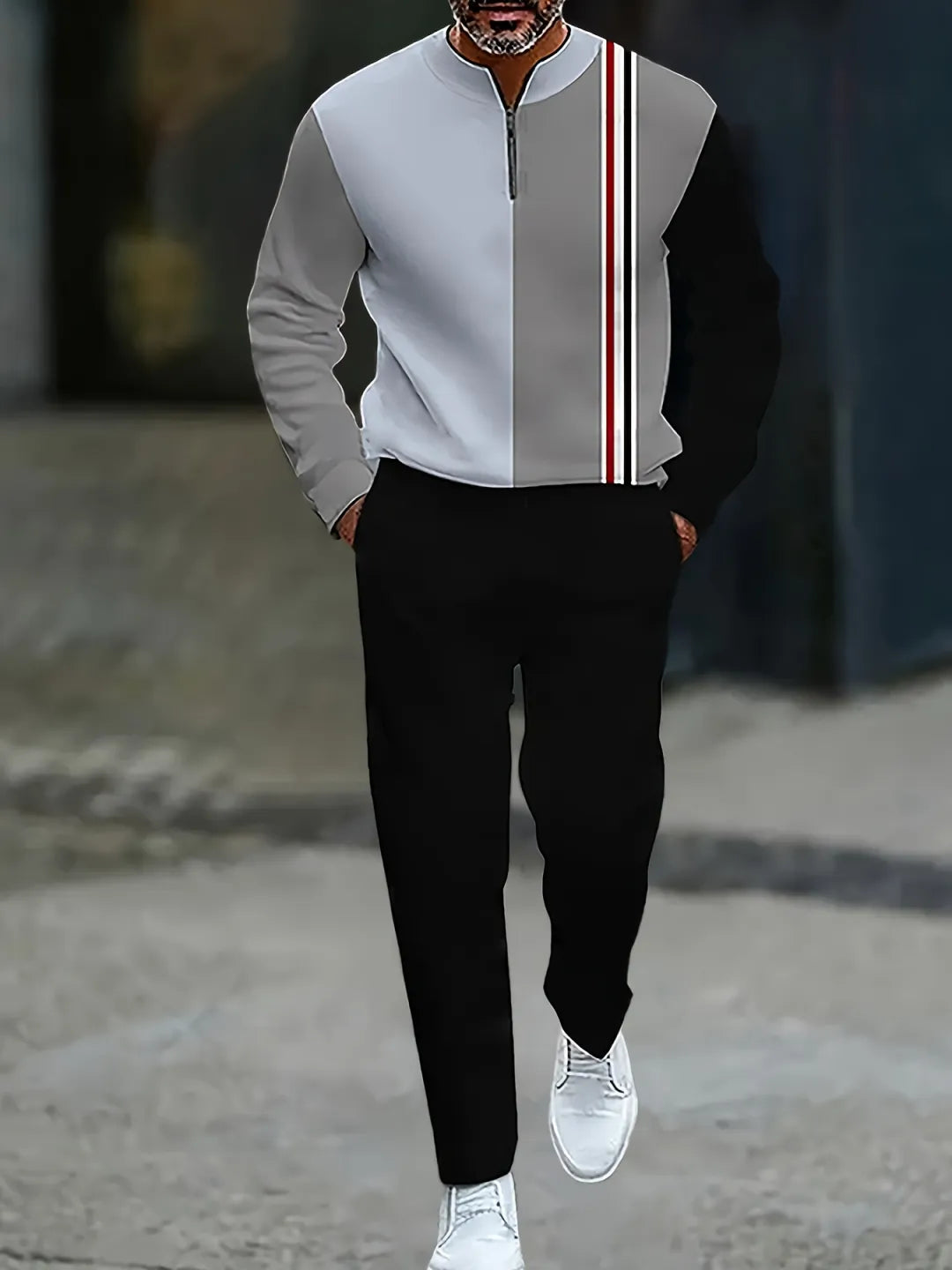 Neck Zipper Long Sleeved Trousers Two-Piece Set