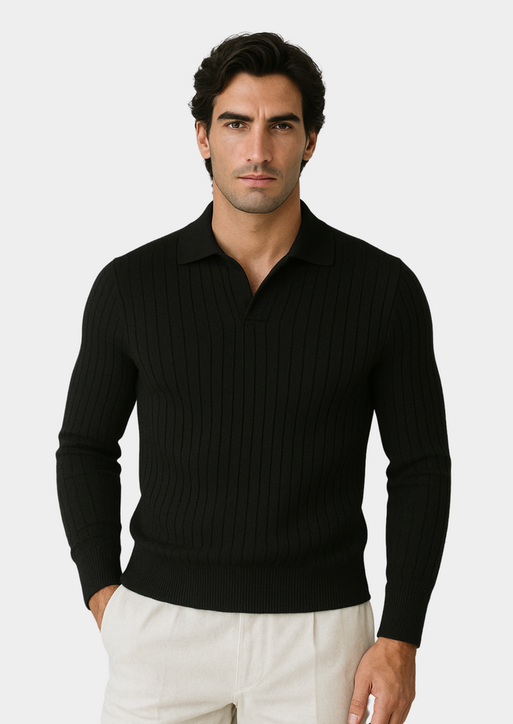 Black Buttonless Ribbed Polo