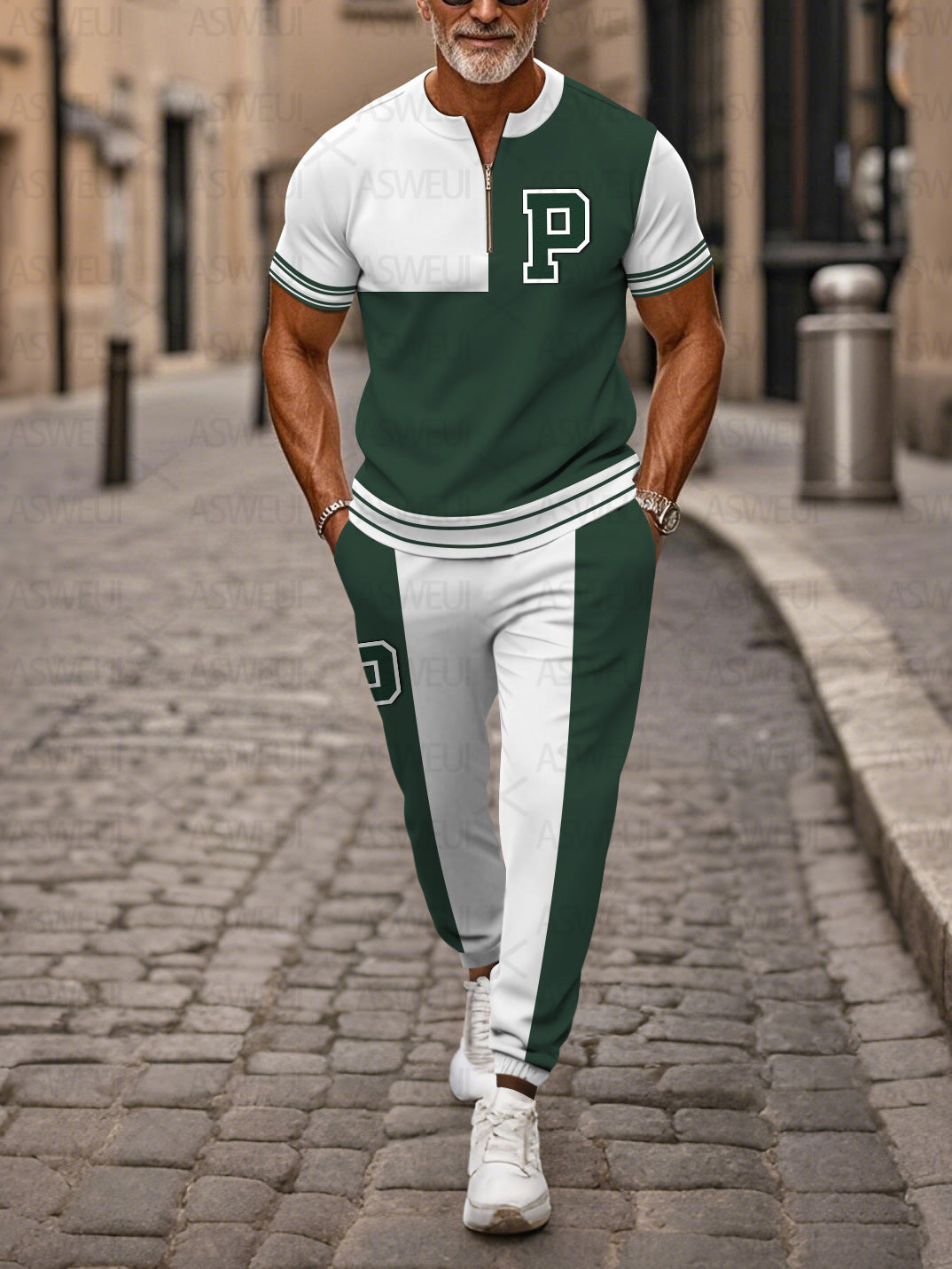 Zipper Short Sleeve Long Pants Two-Piece Set - DUVAL