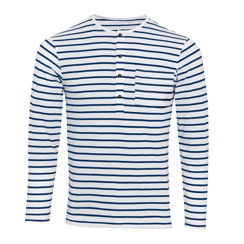 Striped Henley Collar Long Sleeve Casual T-shirt