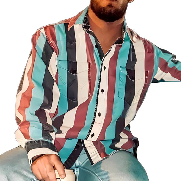 Retro Color Block Stripe Printed Loose Long Sleeve Shirt - DUVAL