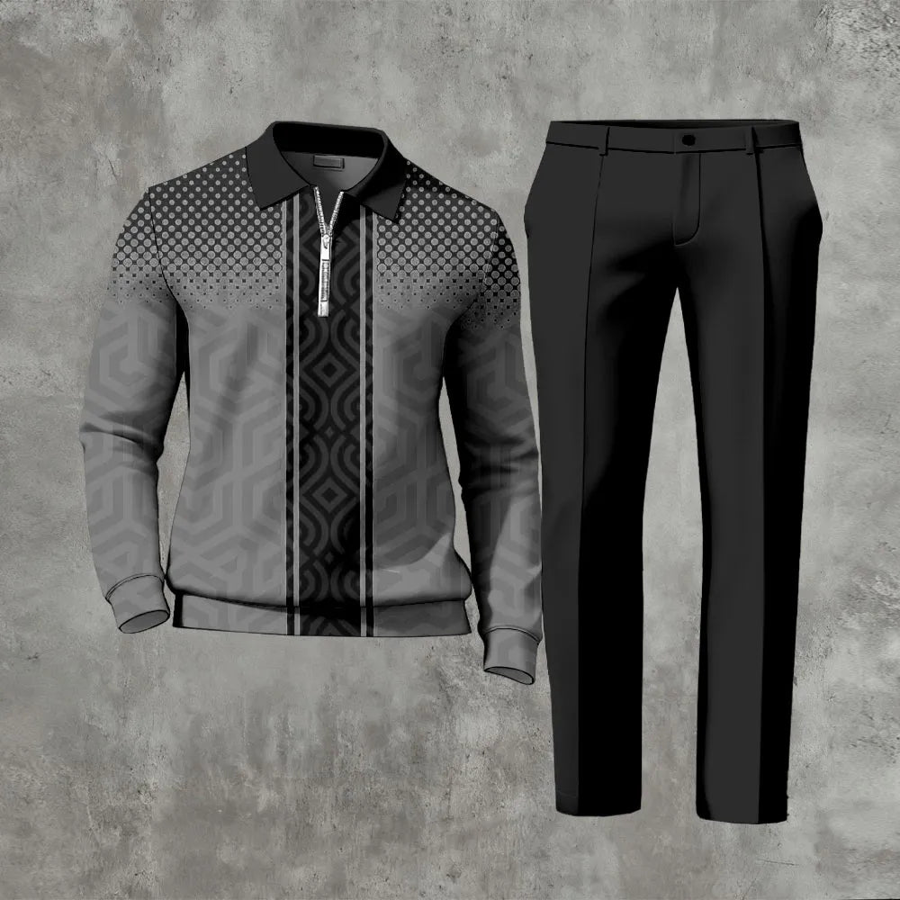 Polo-Collar Zipper Long Sleeved Trousers Two-Piece Set - DUVAL