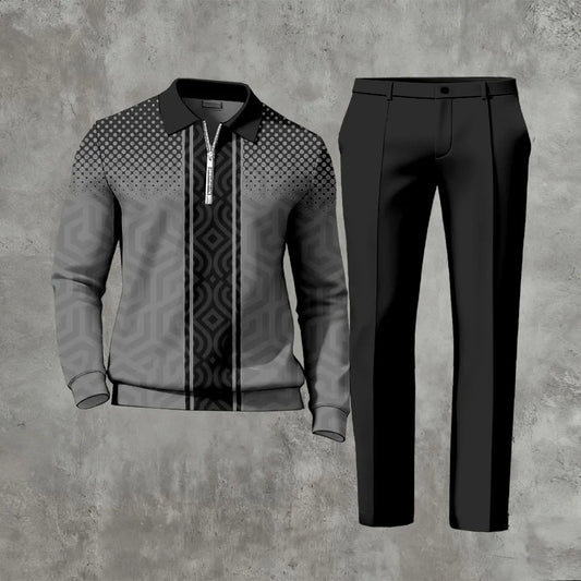 Polo-Collar Zipper Long Sleeved Trousers Two-Piece Set - DUVAL