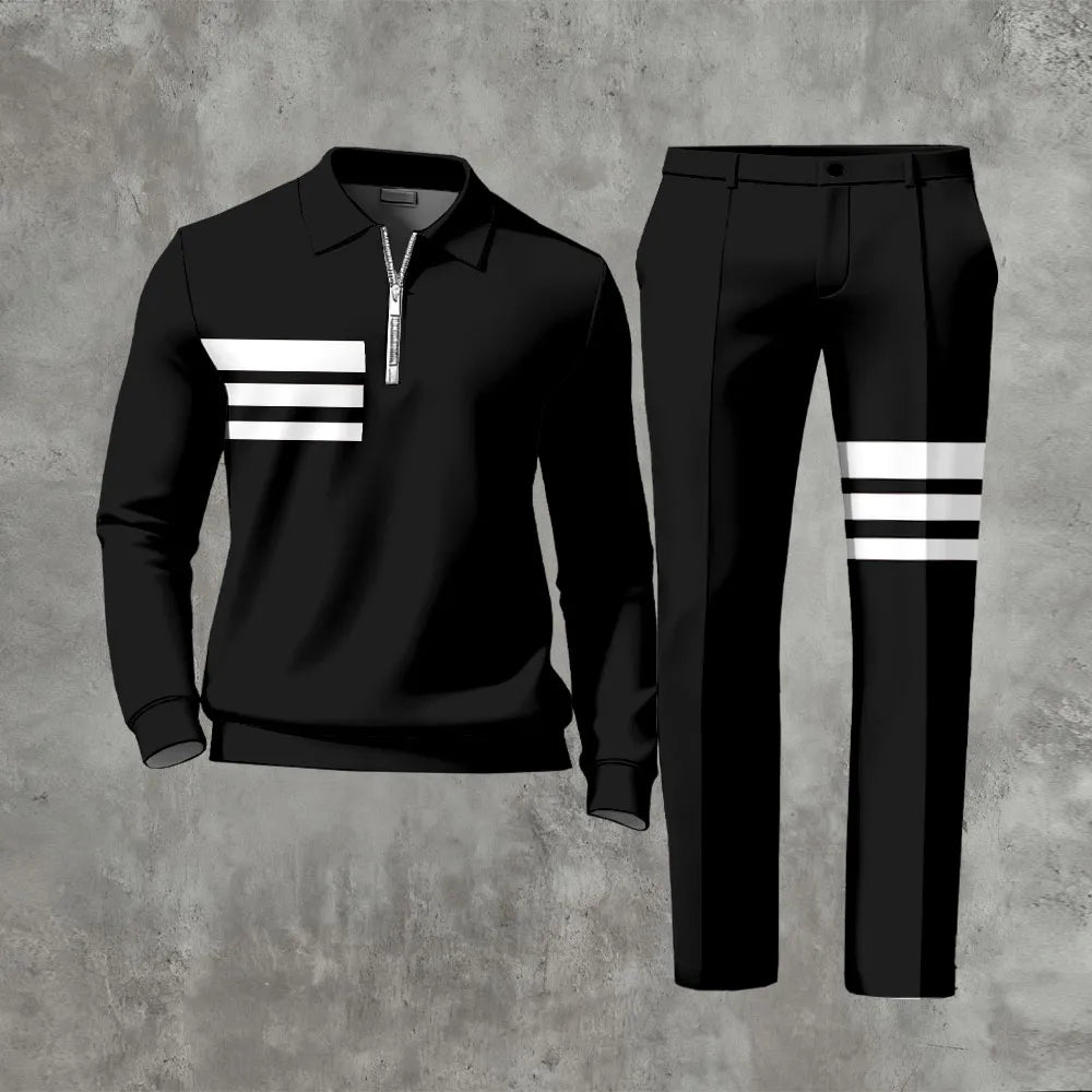 Polo-Collar Zipper Long Sleeved Trousers Two-Piece Set - DUVAL