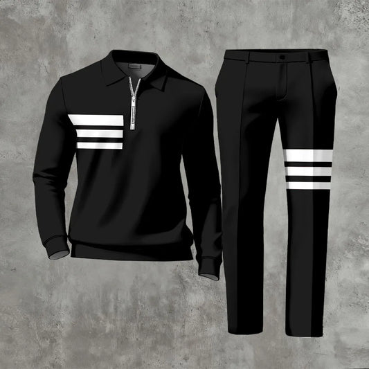 Polo-Collar Zipper Long Sleeved Trousers Two-Piece Set - DUVAL