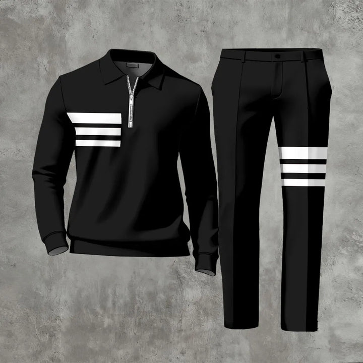 Polo-Collar Zipper Long Sleeved Trousers Two-Piece Set - DUVAL