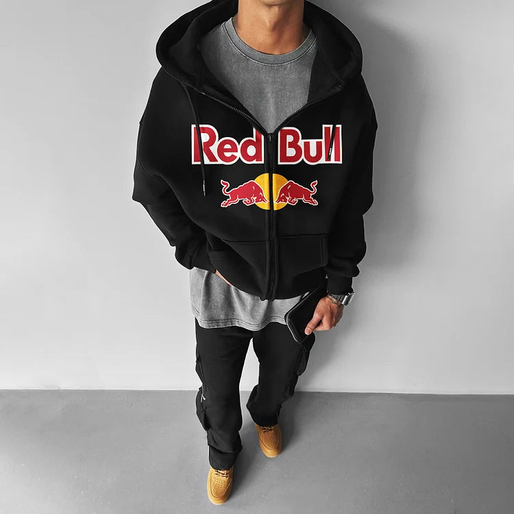 Oversized Red Bull Sweatshirt Zip-Up Hooded Sweatshirt