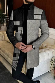 Abstract Geometric Stand Up Collar Mid Length Coat - DUVAL