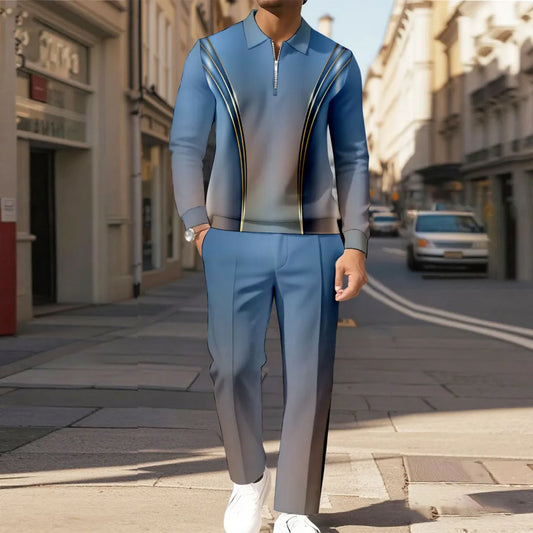 Zipper Long Sleeve Polo Long Pants Two-Piece Set