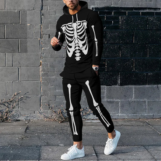 Costume de squelette de crâne noir et blanc imprimé, sweat à capuche et pantalon de survêtement décontractés, ensemble