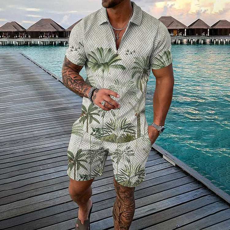 Palm Tree Patterned Polo Shirt And Shorts Co-Ord - DUVAL