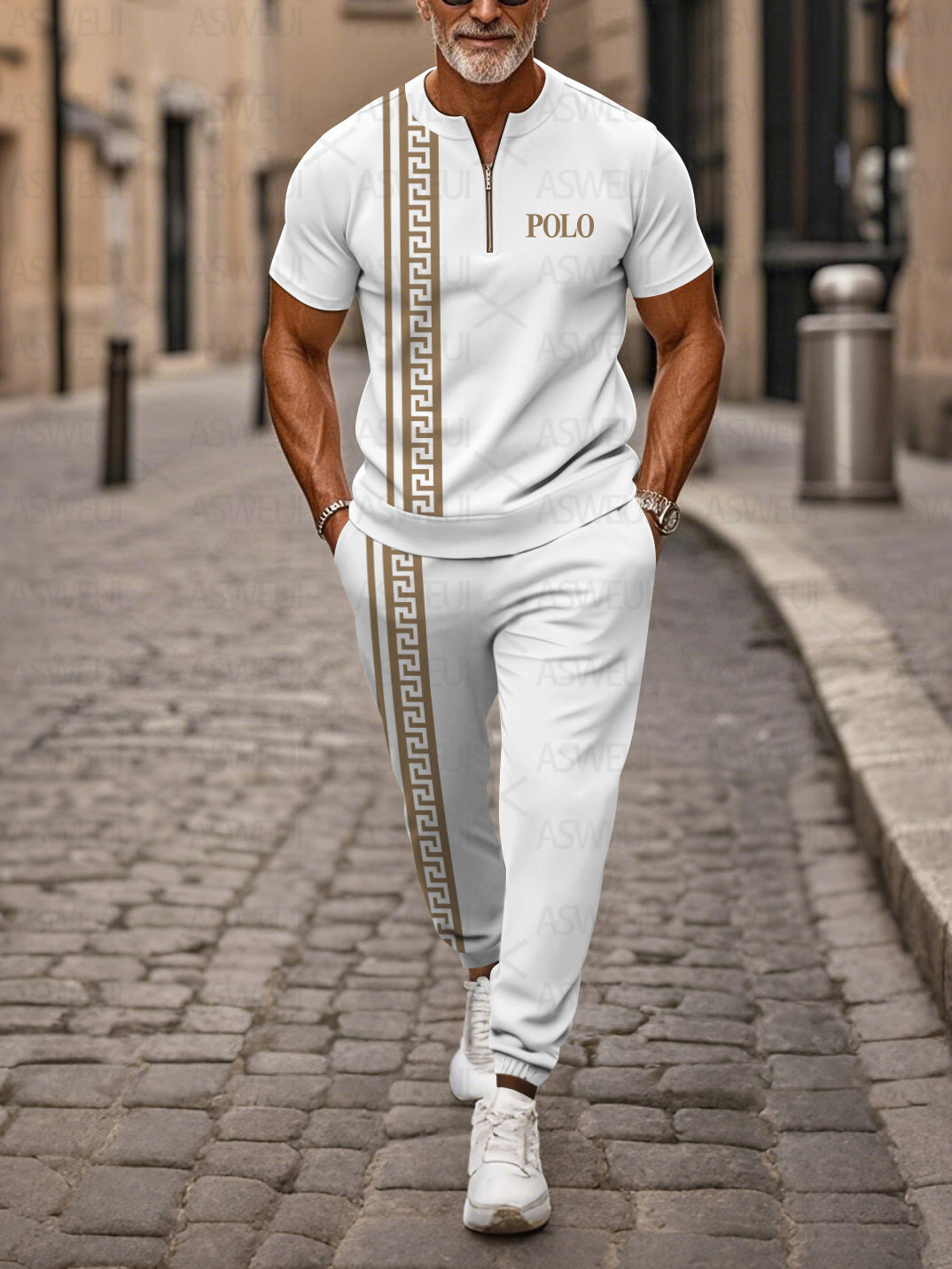 Zipper Short Sleeve Long Pants Two-Piece Set - DUVAL