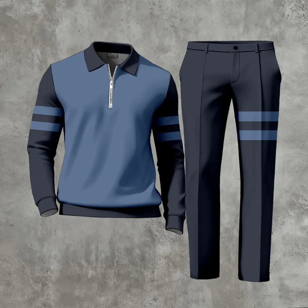 Polo-Collar Zipper Long Sleeved Trousers Two-Piece Set - DUVAL
