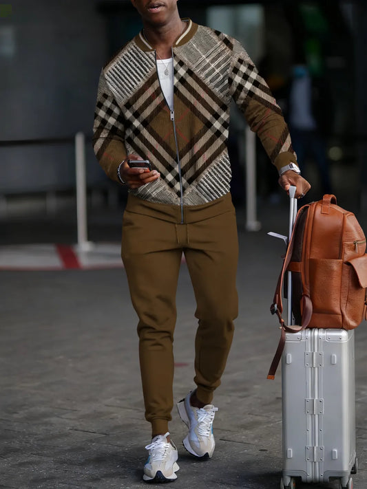 Men's Fashion Casual Geometric Print Zipper Jacket Set