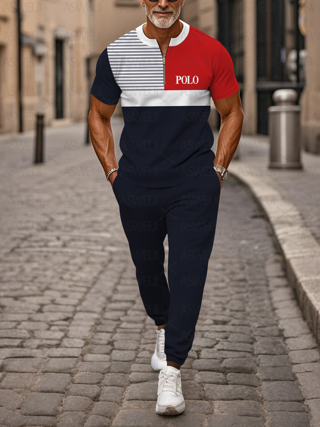 Zipper Short Sleeve Long Pants Two-Piece Set