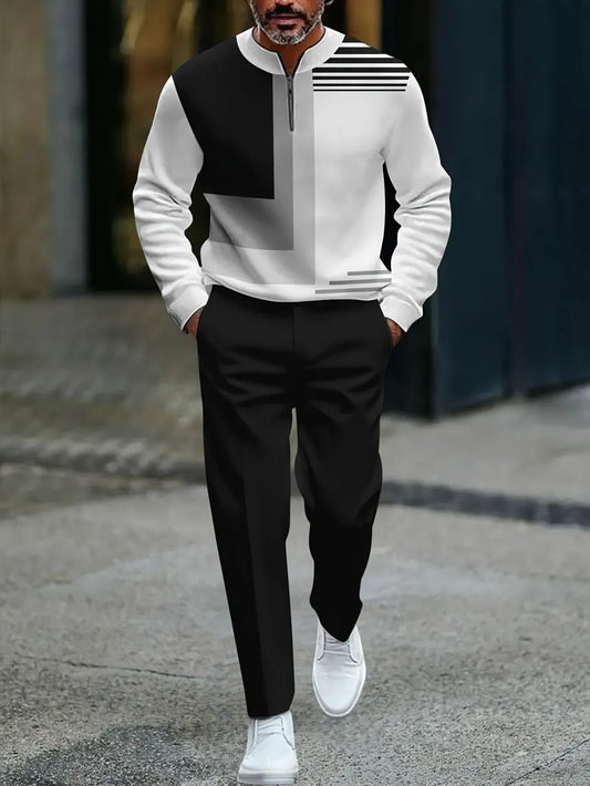 Neck Zipper Long Sleeved Trousers Two-Piece Set