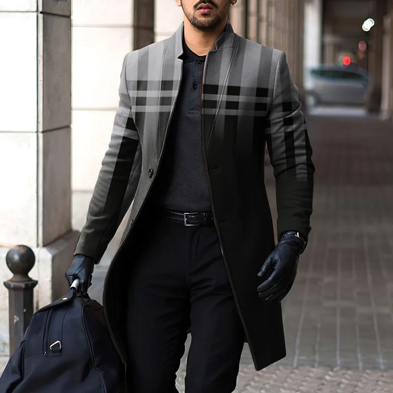 Stand Collar Gradient Grid Print Mid Length Coat - DUVAL