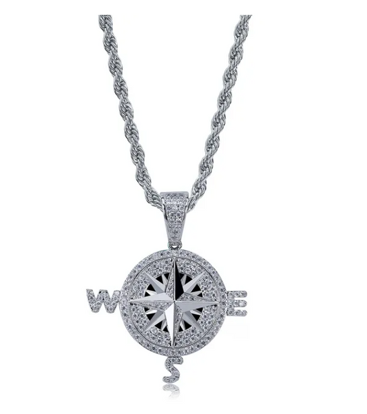 Iced Out Silver Compass Luxury Necklace Pendant