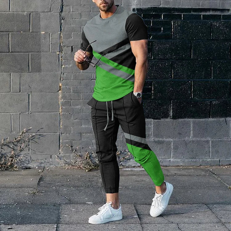 Men's Color Block Black Red T-Shirt And Pants Co-Ord
