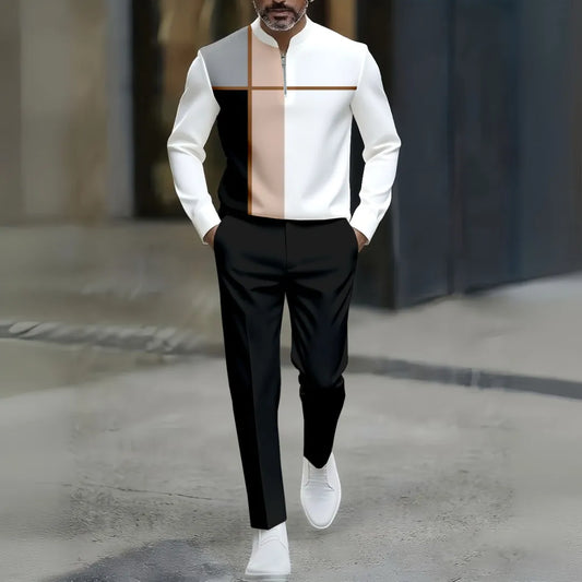 Neck Zipper Long Sleeved Trousers Two-Piece Set