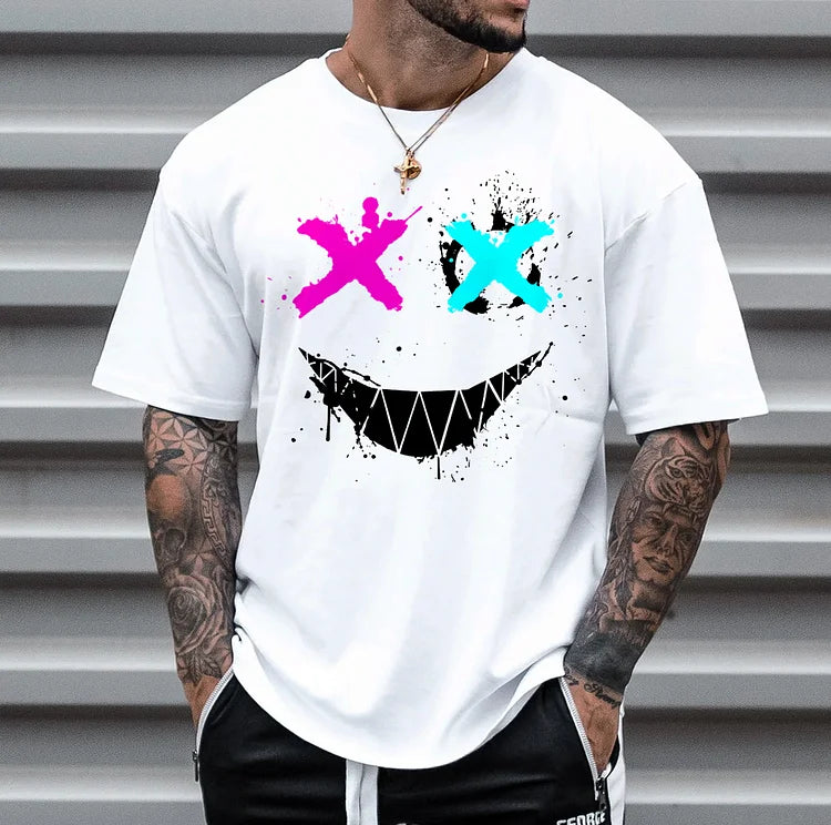 Fashion Smiley Print Short Sleeve T-Shirt Casual Crew Neck Top - DUVAL