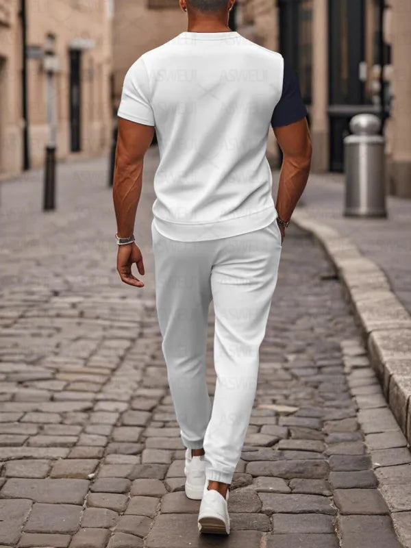 Zipper Short Sleeve Long Pants Two-Piece Set