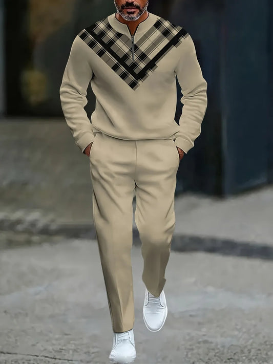 Neck Zipper Long Sleeved Trousers Two-Piece Set