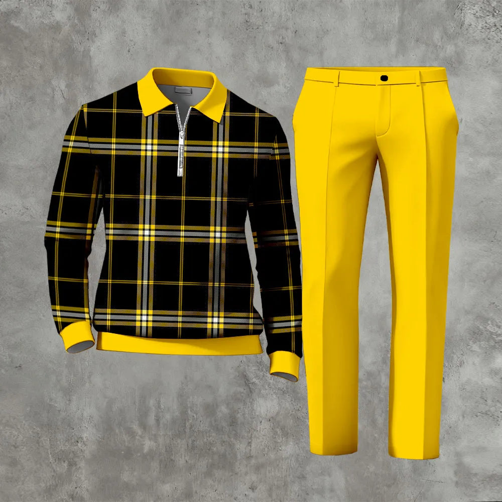 Polo-Collar Zipper Long Sleeved Trousers Two-Piece Set - DUVAL