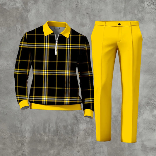 Polo-Collar Zipper Long Sleeved Trousers Two-Piece Set - DUVAL