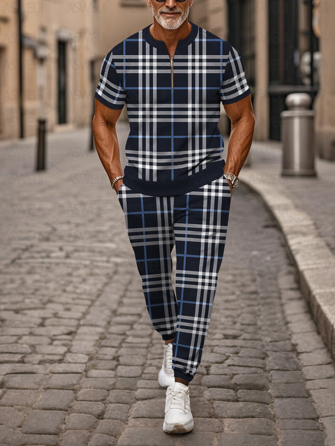 Zipper Short Sleeve Long Pants Two-Piece Set