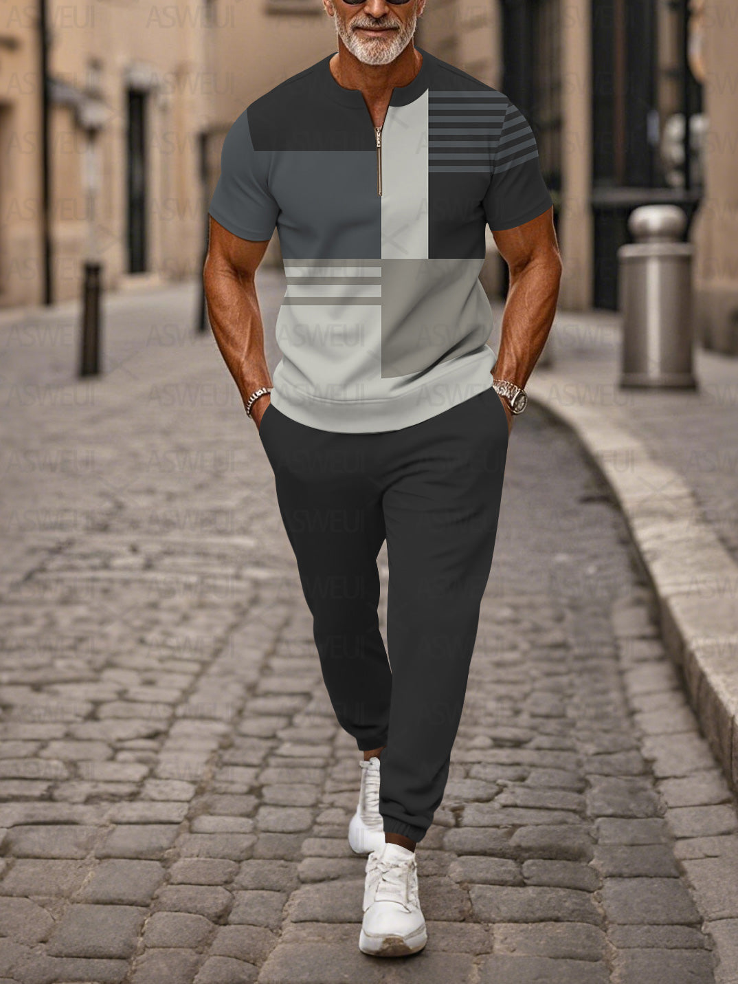 Zipper Short Sleeve Long Pants Two-Piece Set - DUVAL