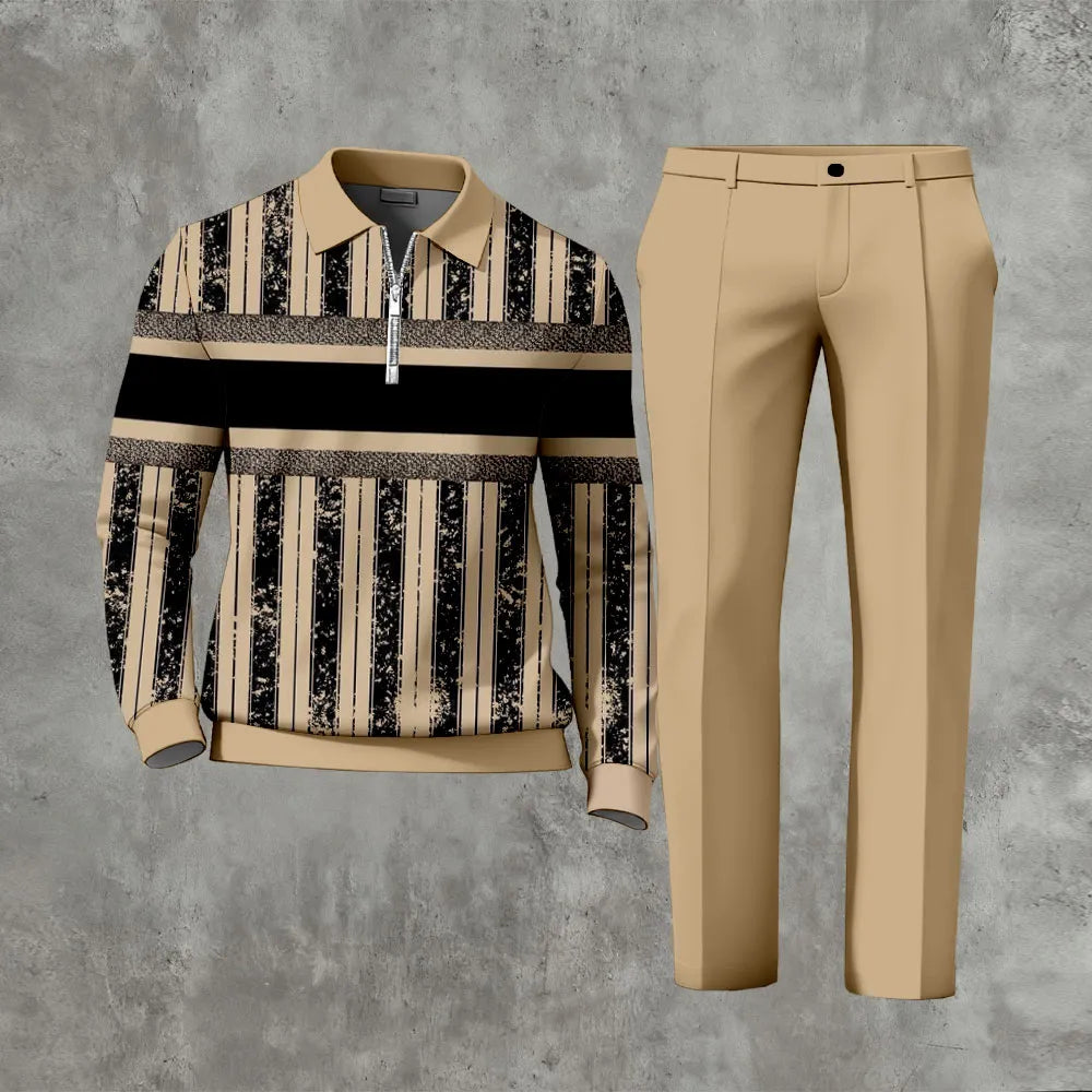 Polo-Collar Zipper Long Sleeved Trousers Two-Piece Set - DUVAL