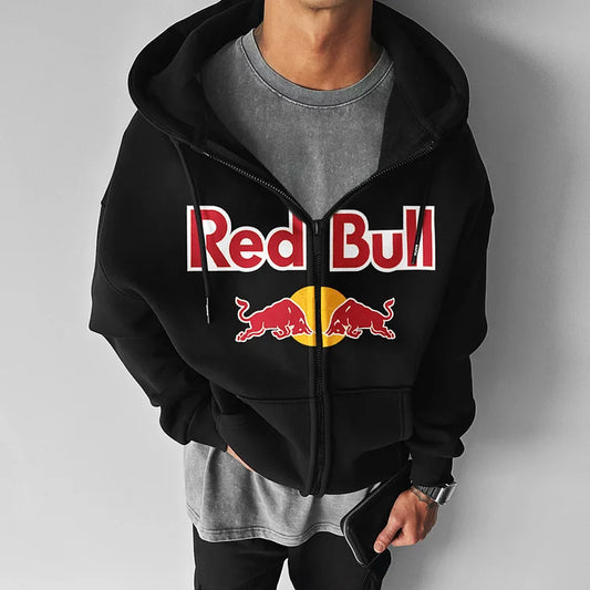 Oversized Red Bull Sweatshirt Zip-Up Hooded Sweatshirt