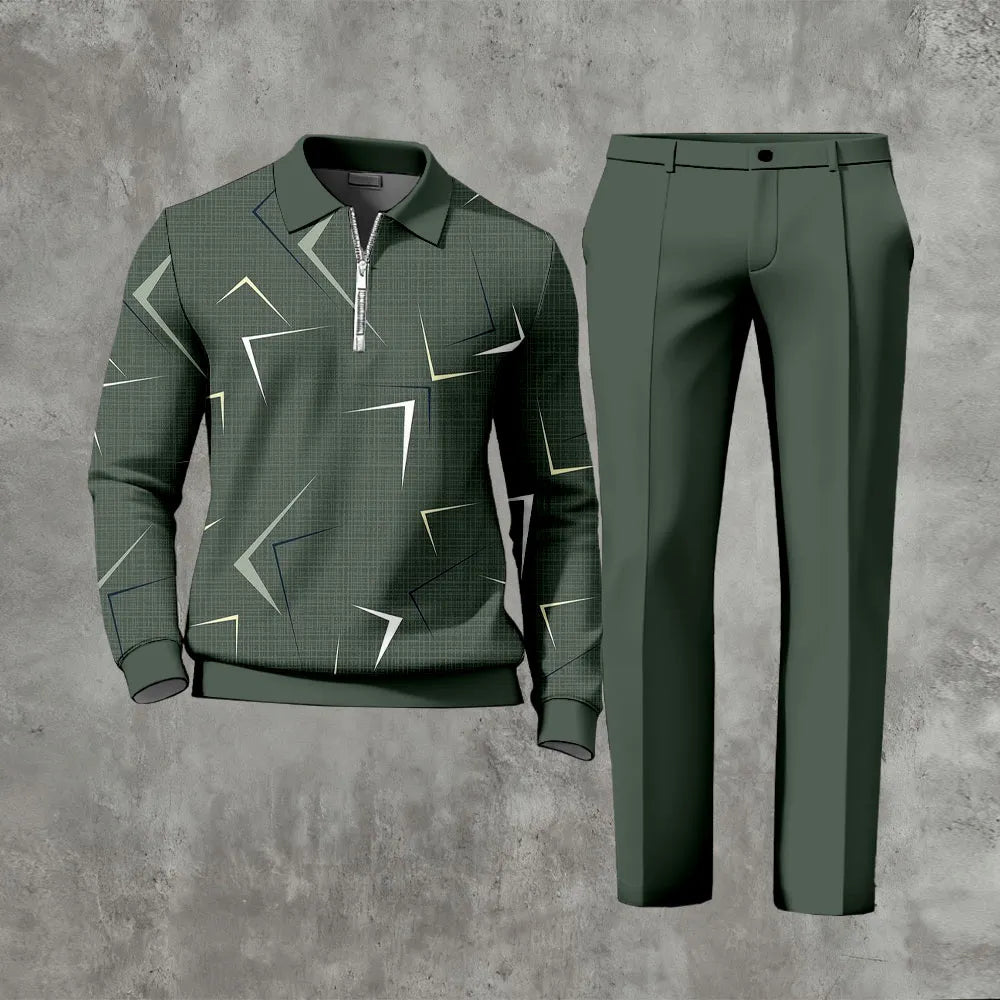 Polo-Collar Zipper Long Sleeved Trousers Two-Piece Set - DUVAL