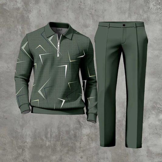 Polo-Collar Zipper Long Sleeved Trousers Two-Piece Set - DUVAL