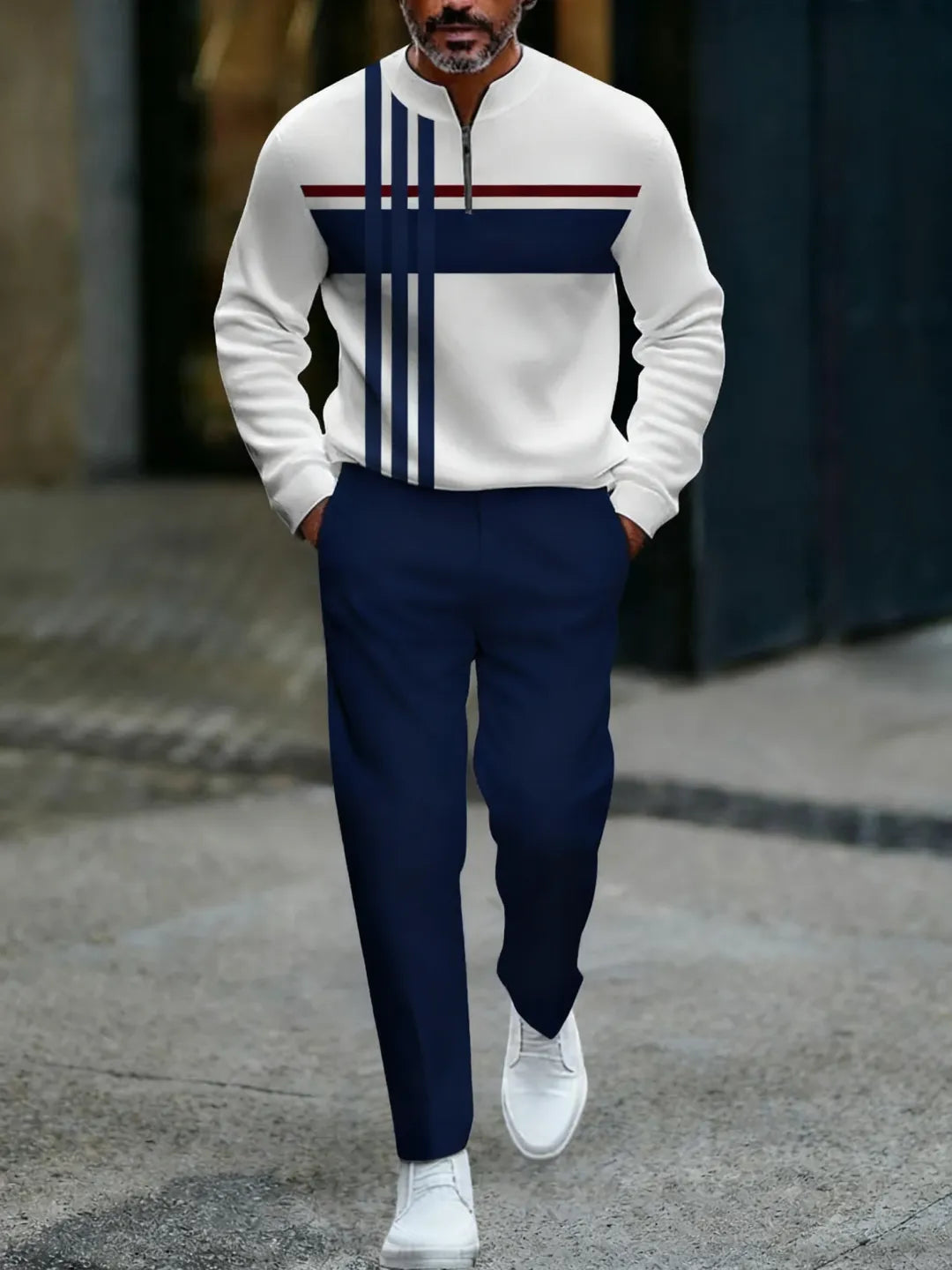 Neck Zipper Long Sleeved Trousers Two-Piece Set