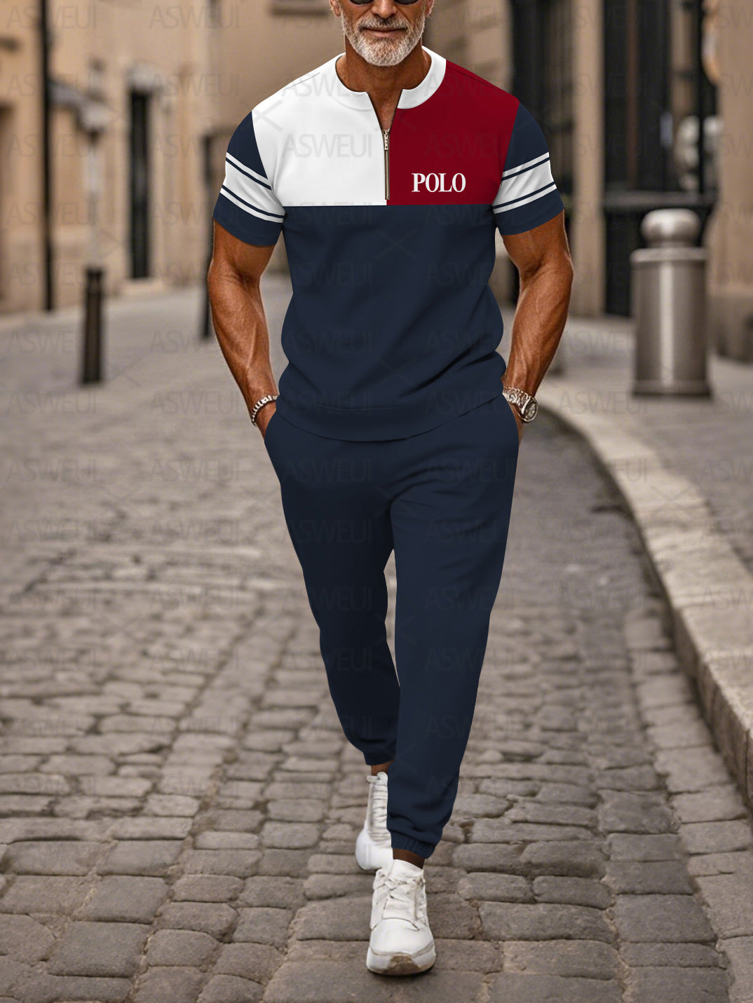 Zipper Short Sleeve Long Pants Two-Piece Set - DUVAL