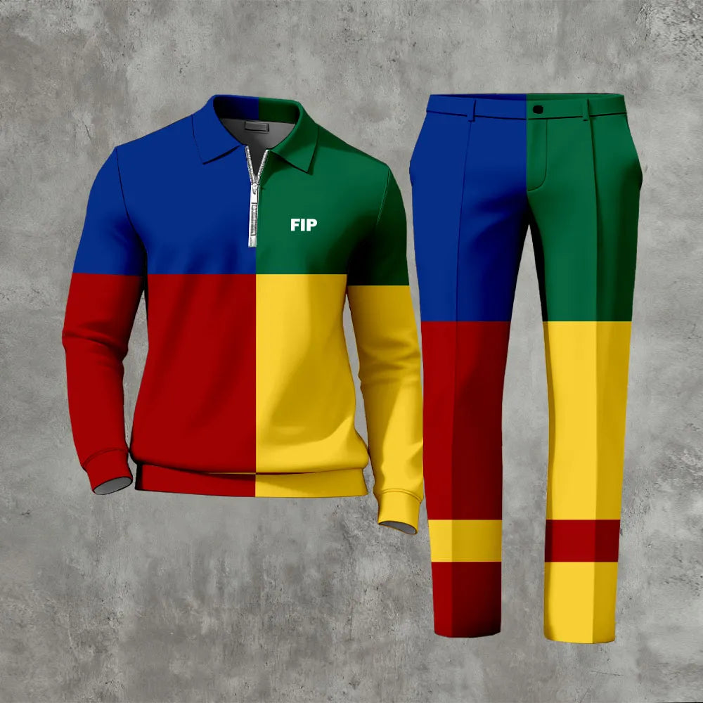 Polo-Collar Zipper Long Sleeved Trousers Two-Piece Set - DUVAL