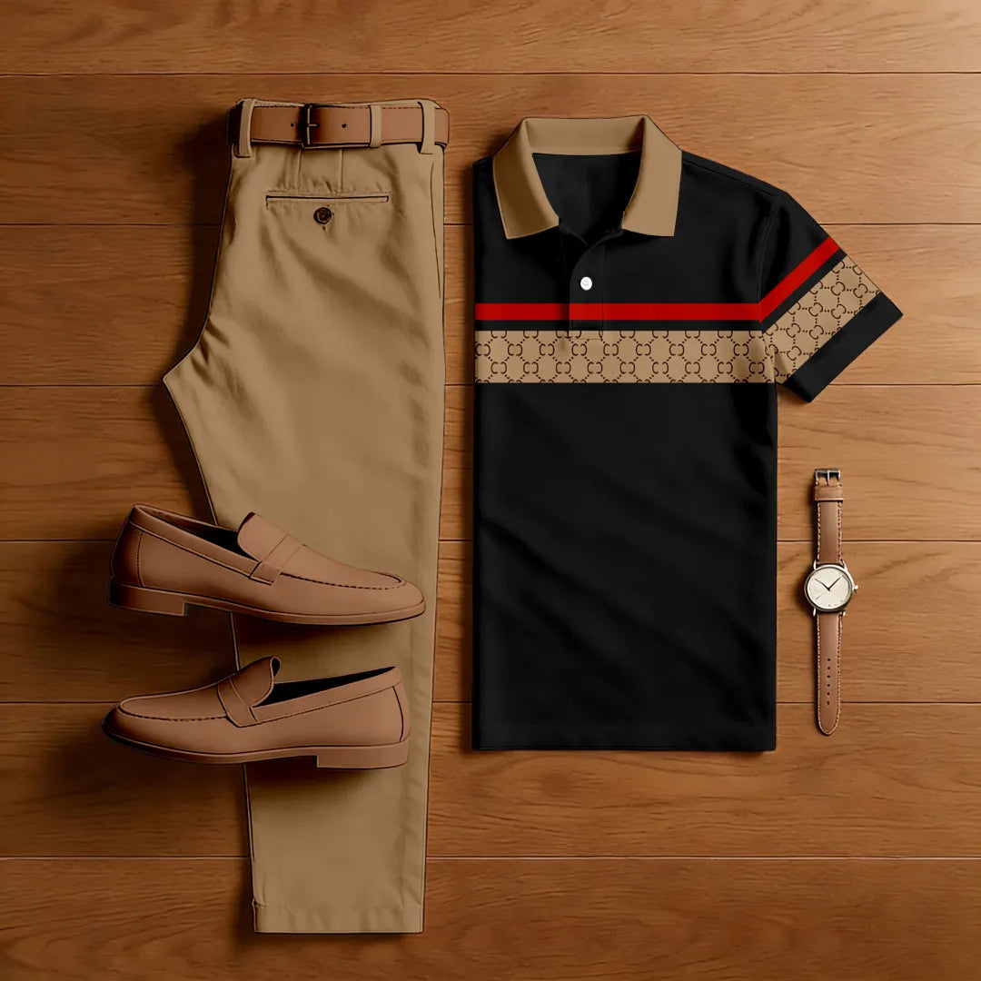 Polo-Collar Short Sleeved Trousers Two-Piece Set - DUVAL