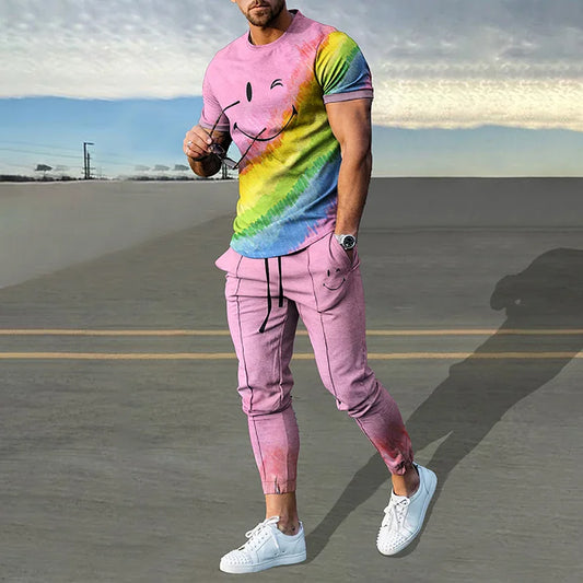 Pink Rainbow Smiley Print T-Shirt And Pants Co-Ord