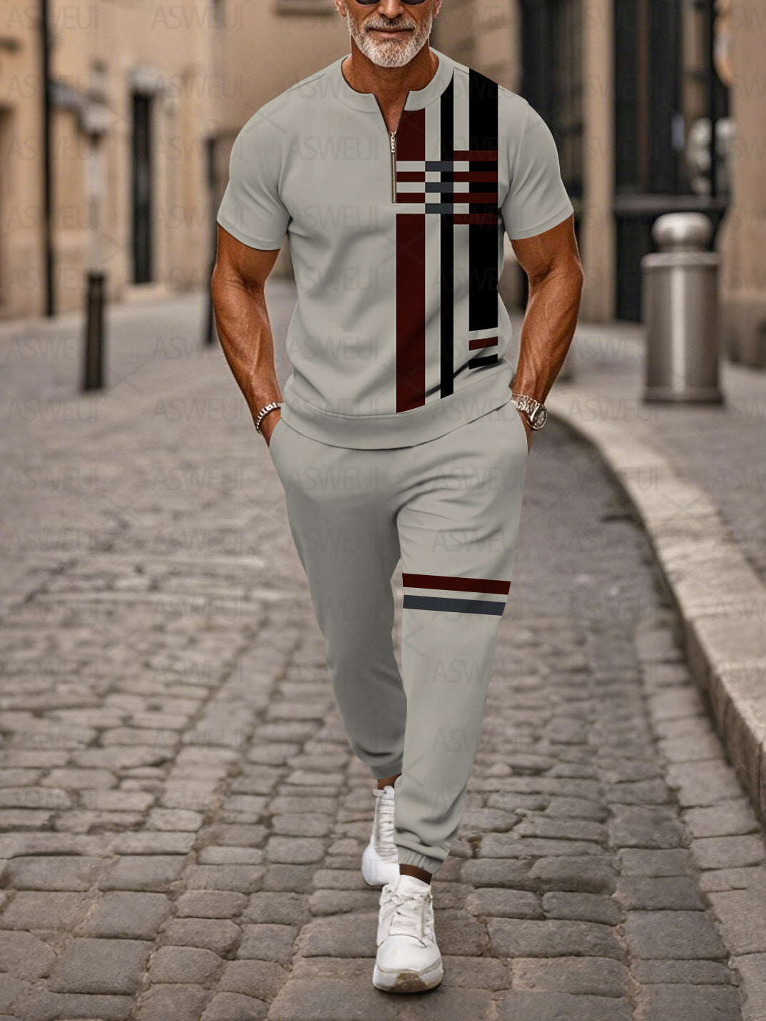 Zipper Short Sleeve Long Pants Two-Piece Set - DUVAL
