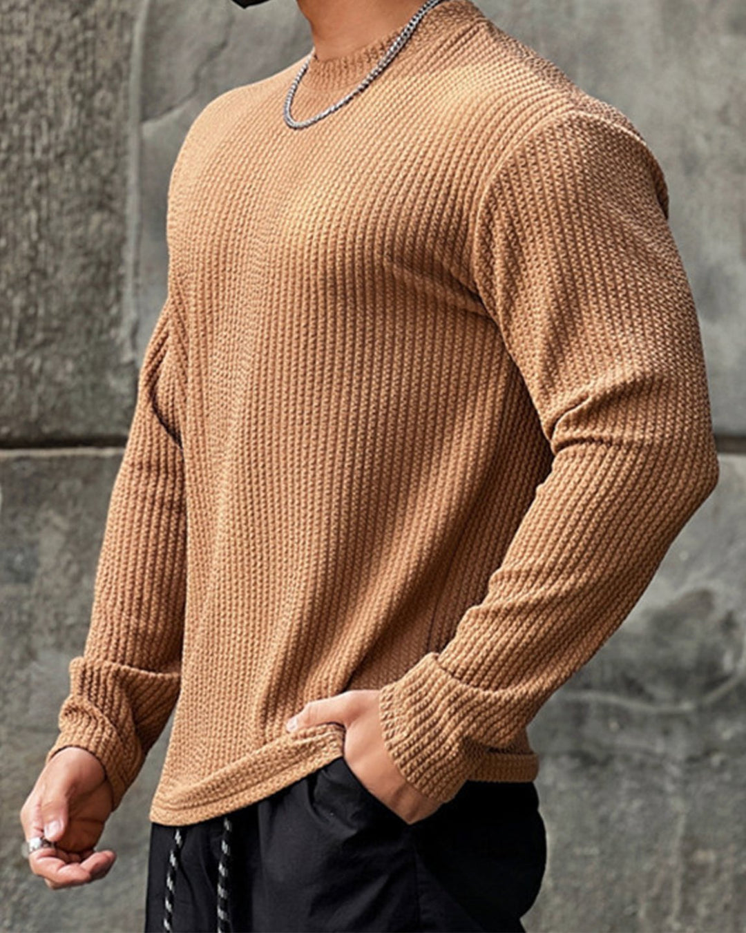 Texture Grid Crewneck Pullover Long Sleeve Shirt - DUVAL