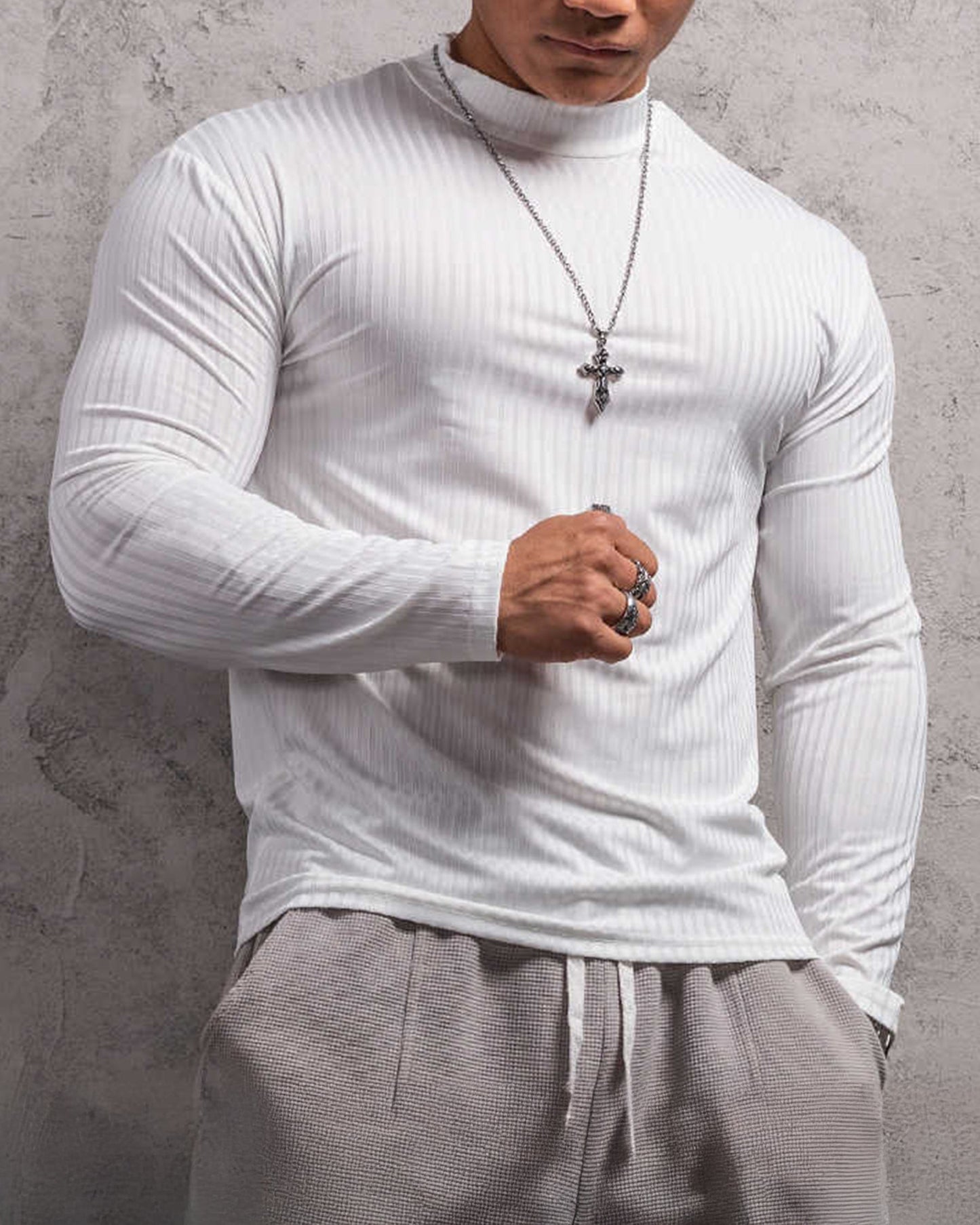 Stretch Rib Jersey Mockneck Long Sleeves T-shirt