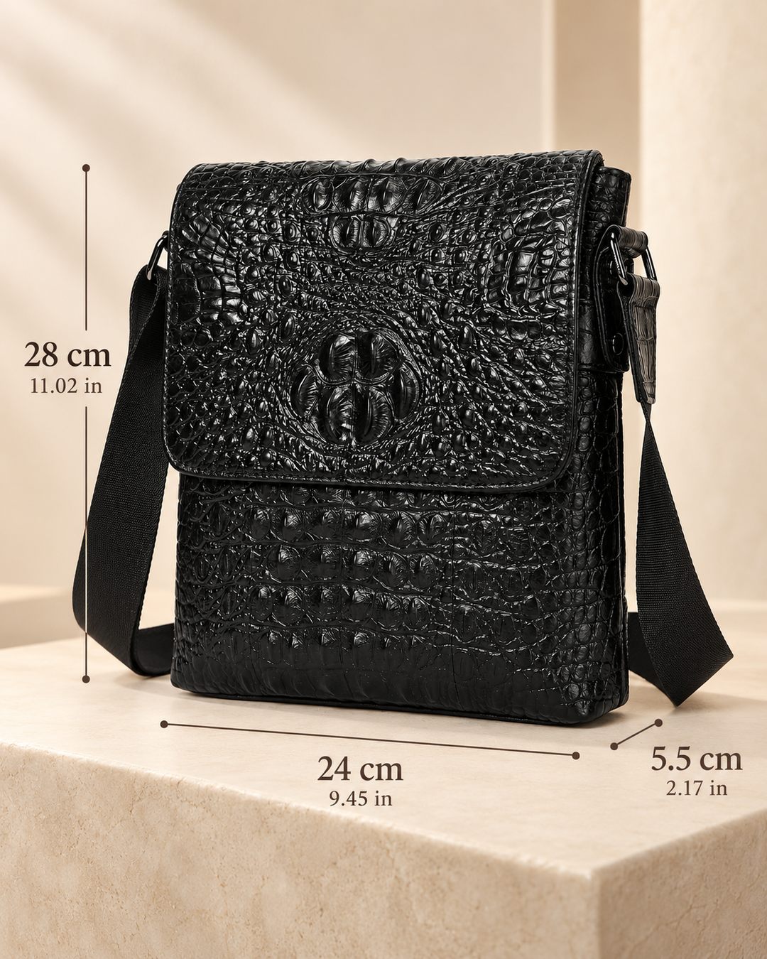The Zurich 28 — Crocodile Crossbody Bag | Black