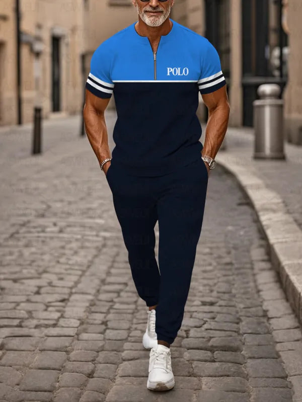 Zipper Short Sleeve Long Pants Two-Piece Set